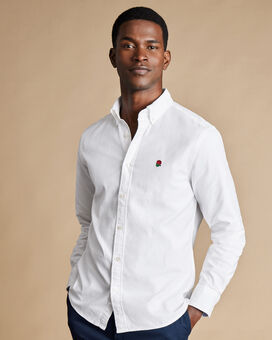 England Rugby Button-Down Collar Washed Oxford Shirt with Red Rose - White
