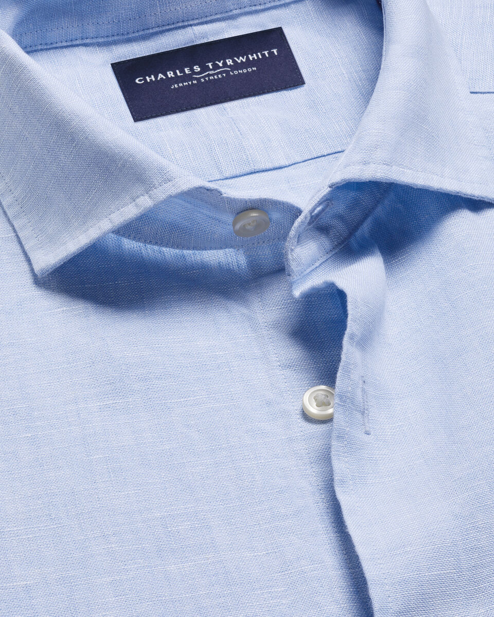 Chemise en pur lin &agrave; manches courtes - Bleu ciel