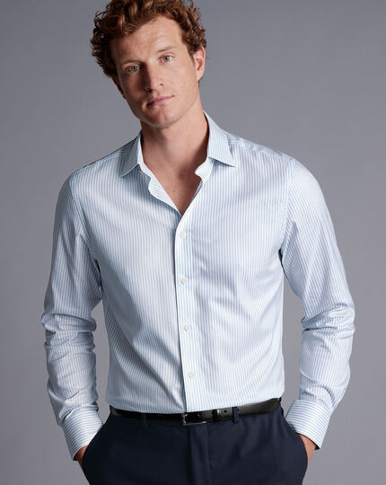 Semi-Cutaway Collar Egyptian Cotton Twill Stripe Shirt - Light Blue