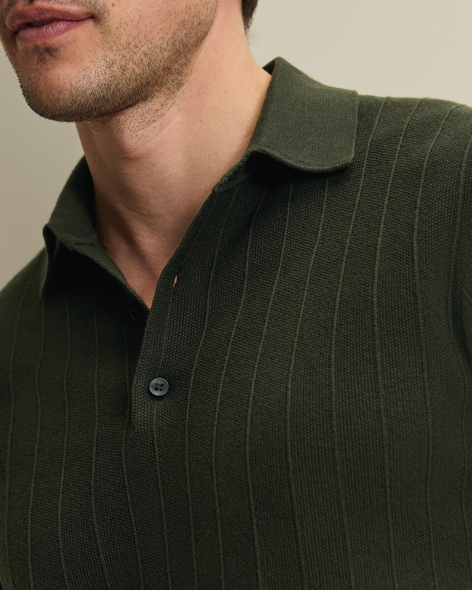 Cotton Stripe Textured Knitted Polo - Olive Green
