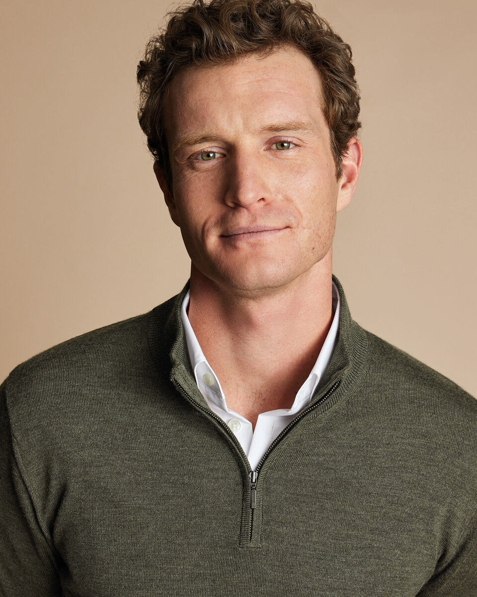 Merino Quarter Zip Sweater Olive Green Melange Charles Tyrwhitt