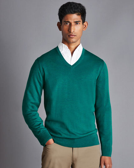 Merino V-Neck Sweater - Teal Green