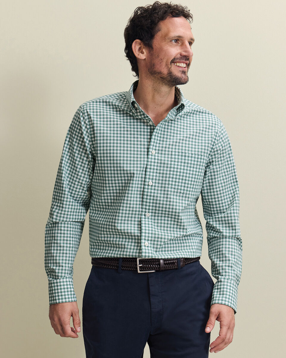 Button-Down Stretch Washed Poplin Gingham Shirt - Green