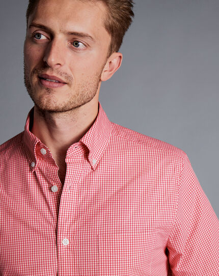 Button-Down Collar Non-Iron Stretch Poplin Mini Gingham Short Sleeve Shirt - Bright Pink