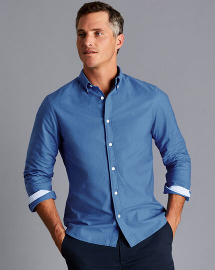 Vorgewaschenes Oxfordhemd mit Button-down-Kragen - Ozeanblau