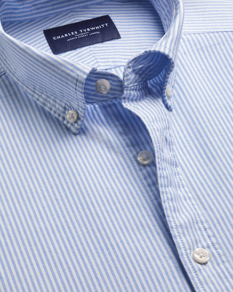 Short Sleeve Button-Down Stretch Washed Oxford Stripe Shirt &ndash; Ocean Blue