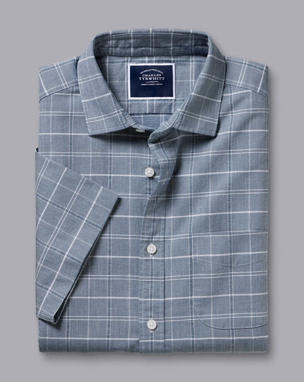 Cotton Linen Check Short Sleeve Shirt - Petrol Blue