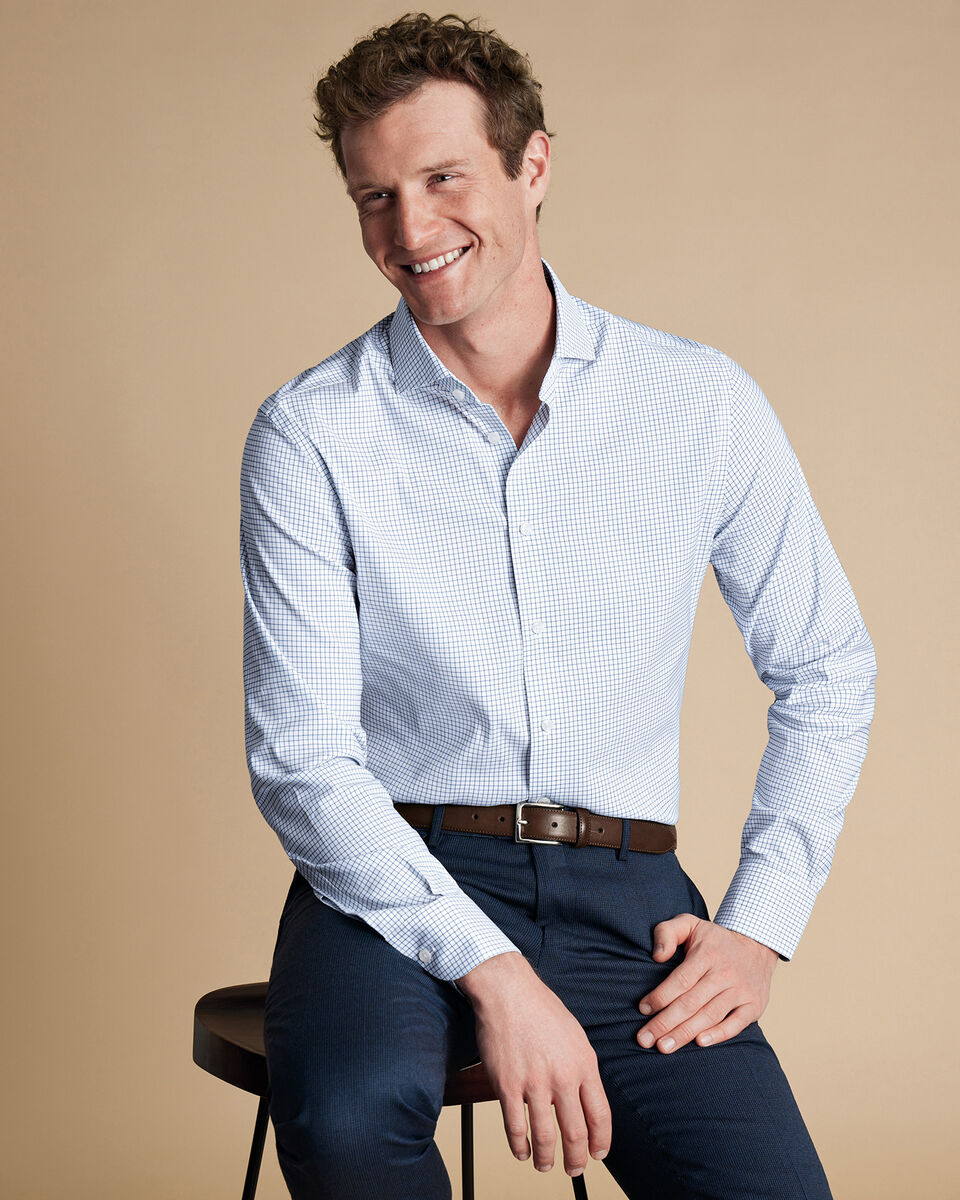 Chemise Performance en sergé à petits carreaux sans repassage - Bleu océan