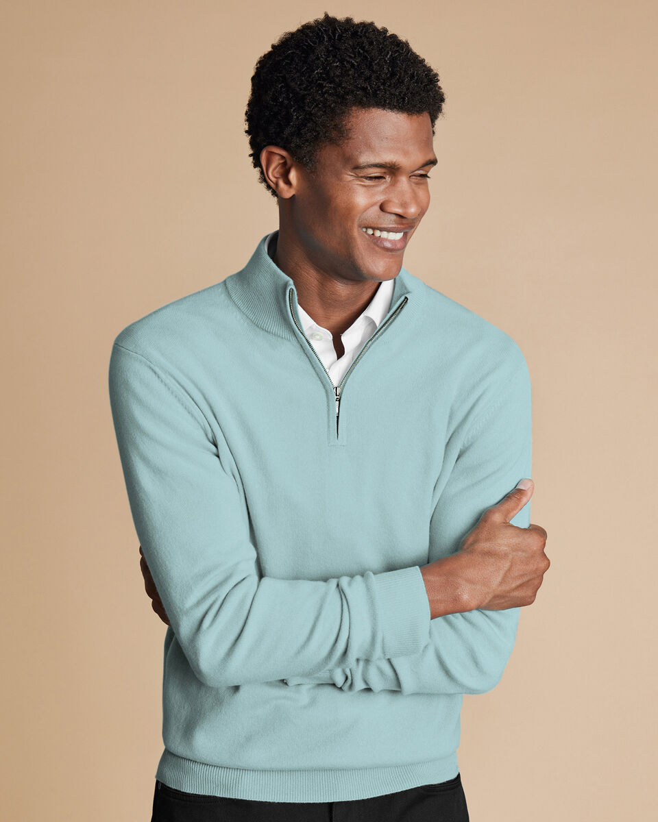 Cashmere Quarter Zip Sweater - Aqua Green