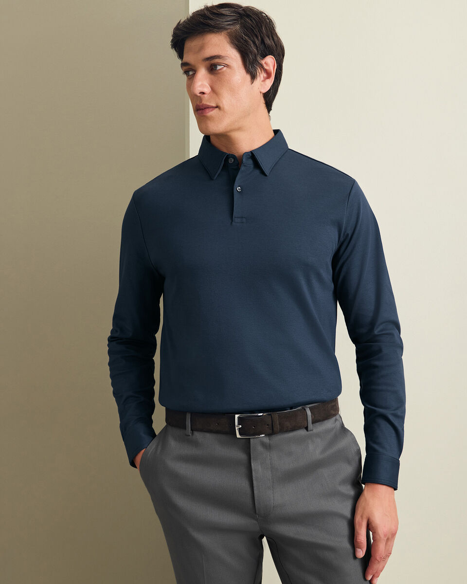 Long Sleeve Smart Cotton Polo - Petrol Blue