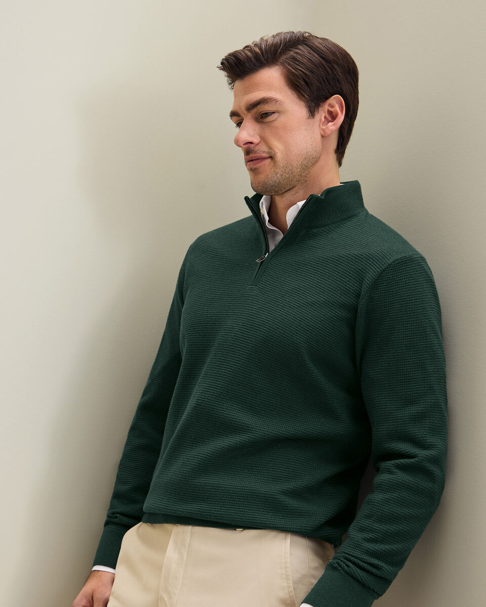 Pure Merino Textured Zip Neck Jumper - Forest Green