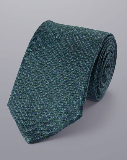 Silk Wool Blend Prince of Wales Check Tie  - Green & Blue