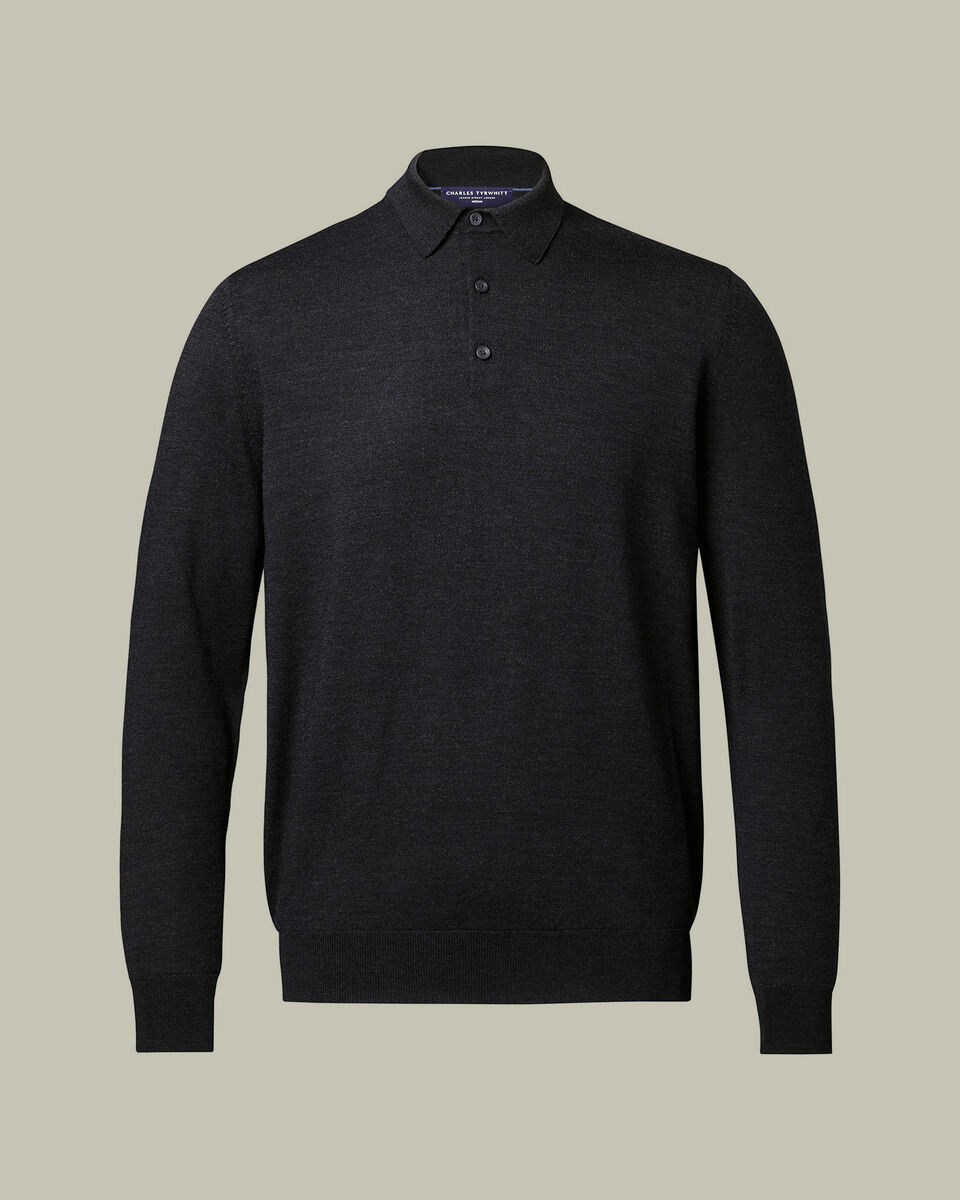Pure Merino Wool Button Neck Polo - Charcoal Grey