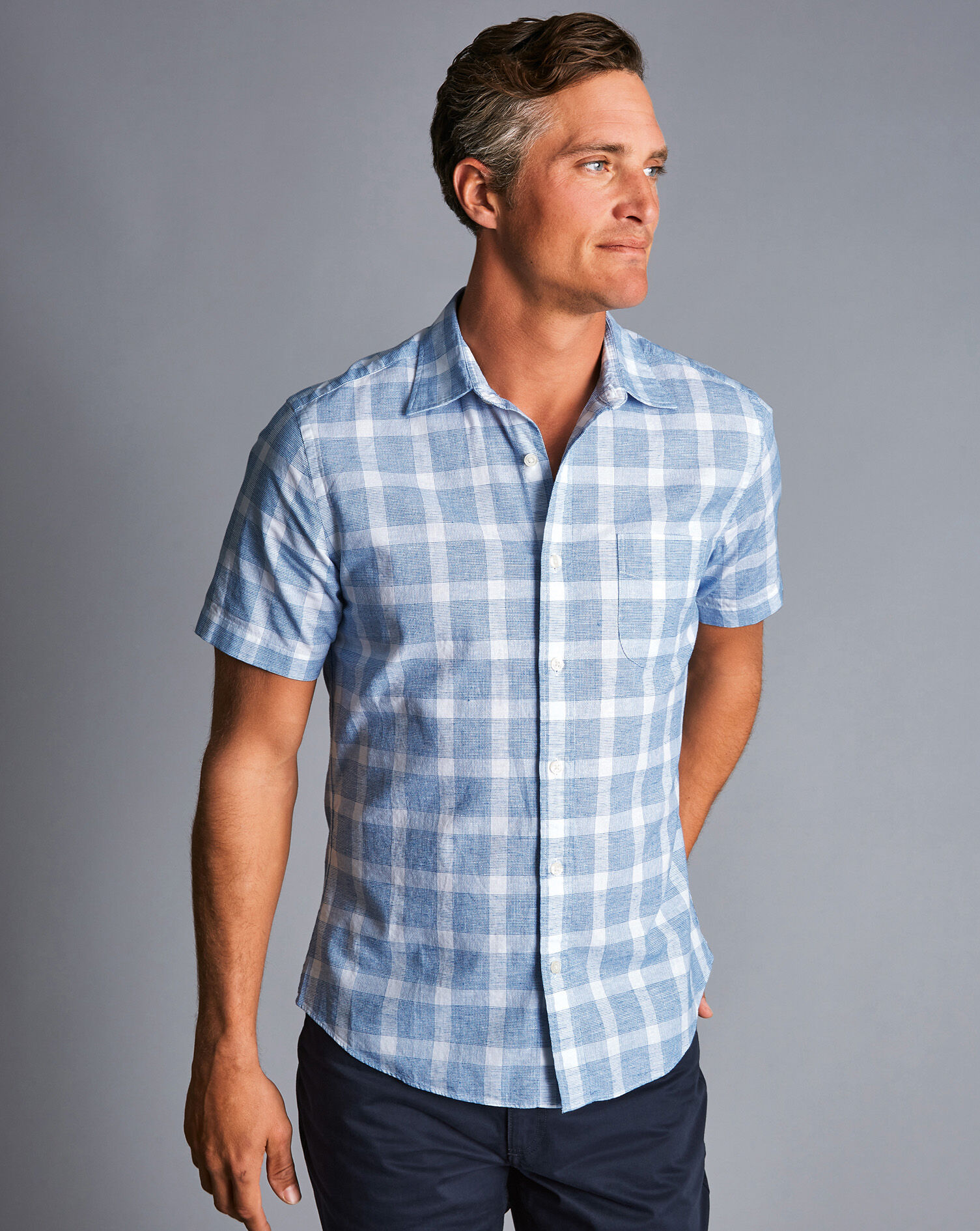 Cotton Linen Short Sleeve Check Shirt 