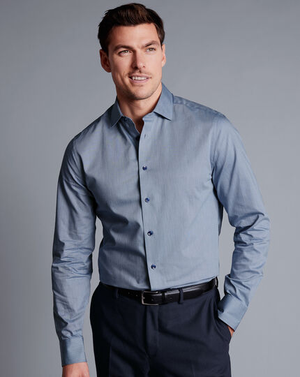 Semi-Cutaway Collar Twill Shirt with Printed Trim - Steel Blue