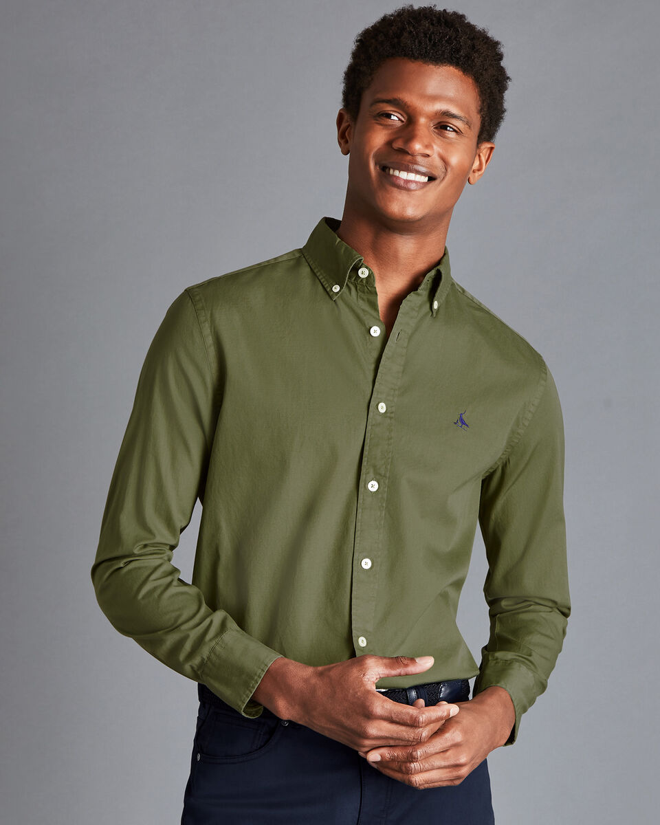 Button-Down Collar Washed Fine Twill Shirt - Olive Green | Charles Tyrwhitt
