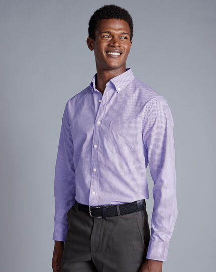 Button-Down Collar Non-Iron Stretch Poplin Mini Gingham Check Shirt - Lilac Purple