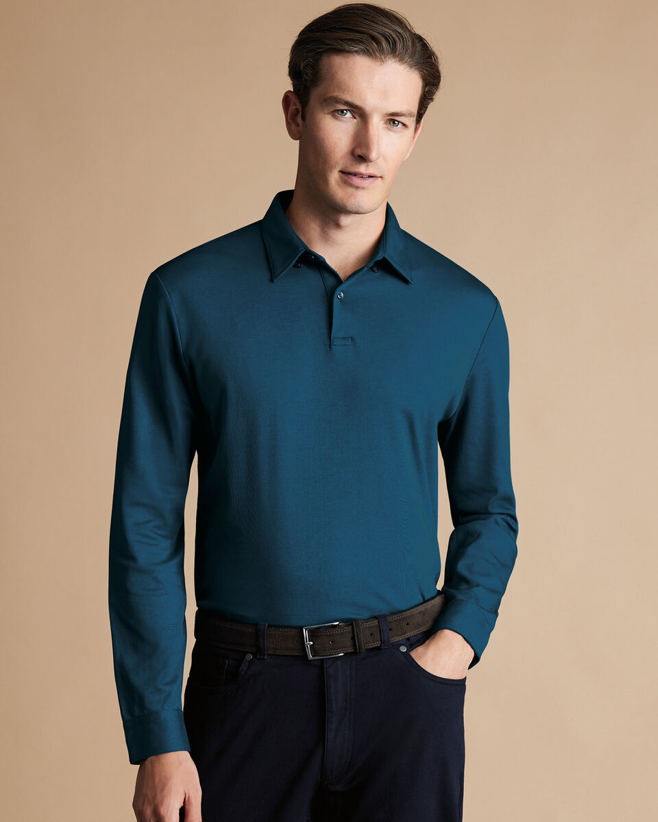 Smart Long Sleeve Jersey Polo - Turquoise Blue | Charles Tyrwhitt