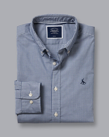 Button-Down Collar Non-Iron Stretch Poplin Mini Gingham Shirt - French Blue