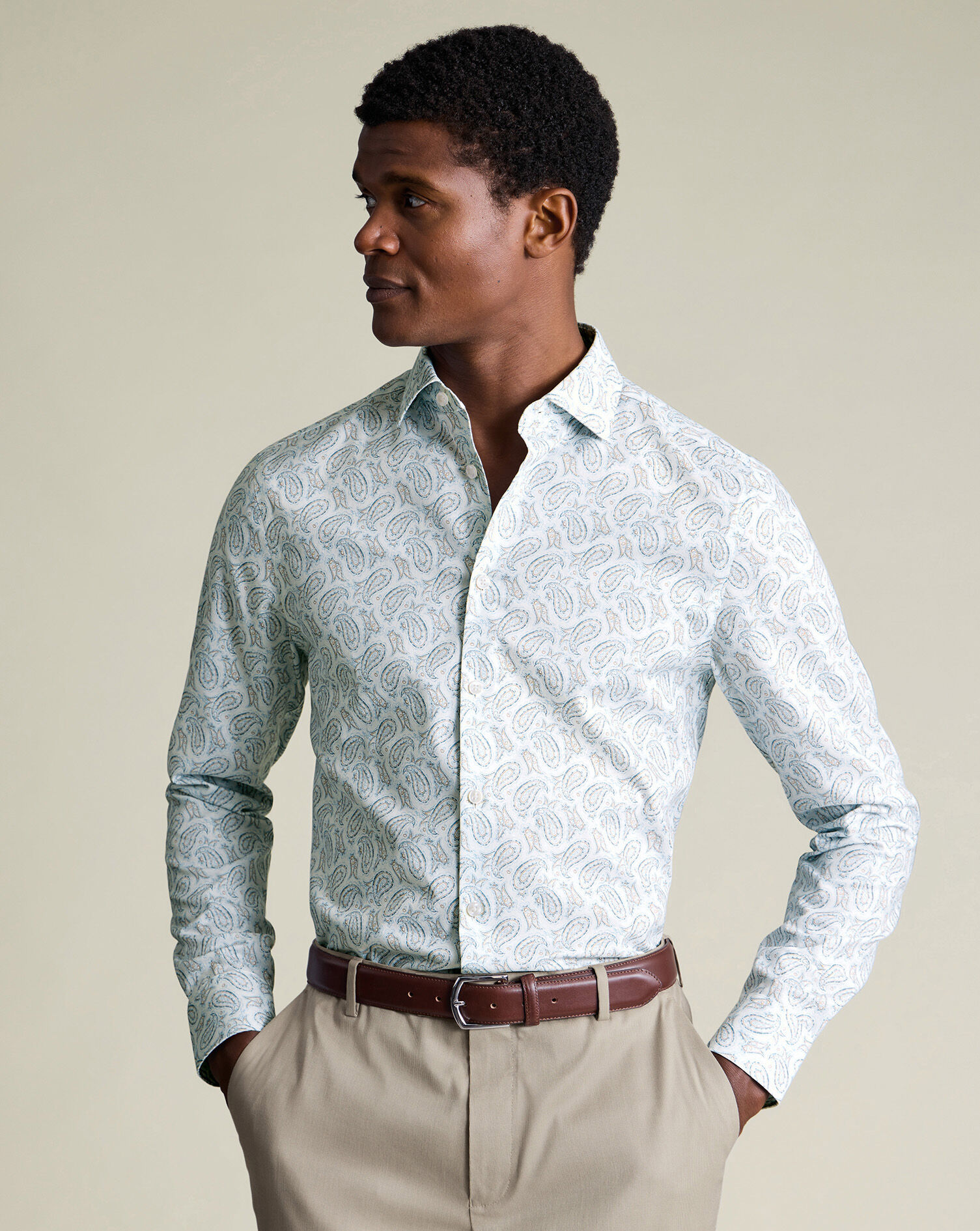 Non-Iron Stretch Paisley Print Shirt - White