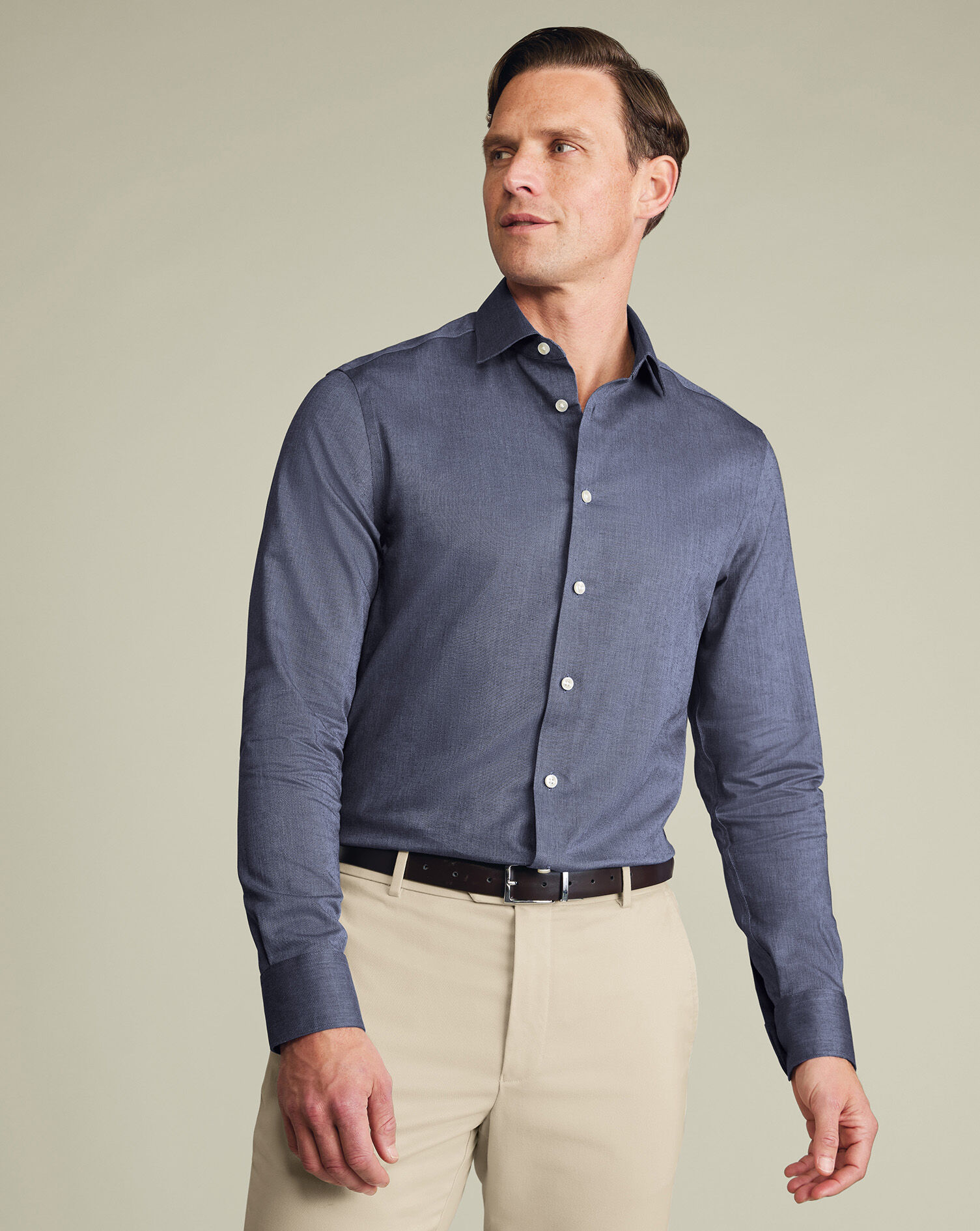 Non-Iron Cotton Linen Shirt - Navy | Charles Tyrwhitt US