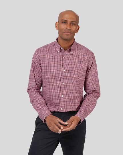 Button-Down Collar Non-Iron Stretch Poplin Large Check Shirt - Berry