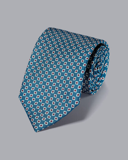 Silk Geometric Print Tie - Blue & Red