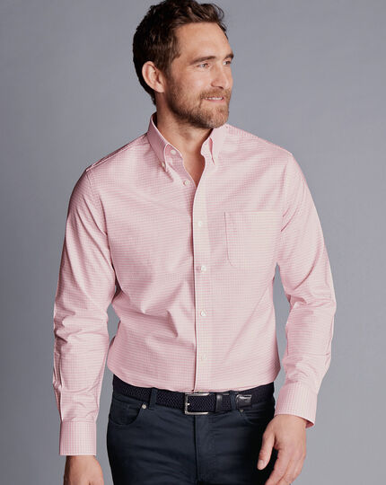 Button-Down Collar Check Non-Iron Stretch Oxford Shirt - Pink