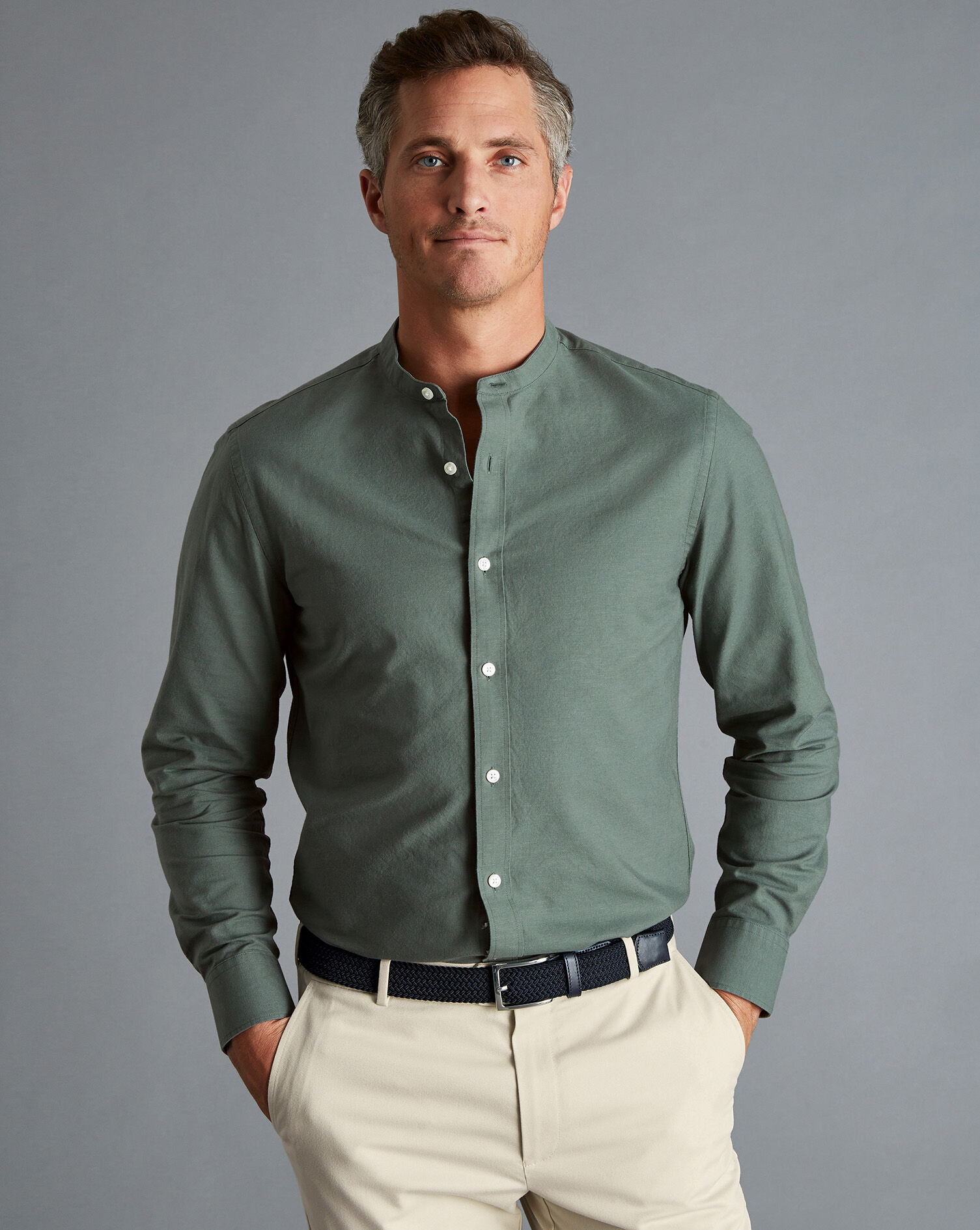 Collarless Cotton Linen Shirt - Olive 