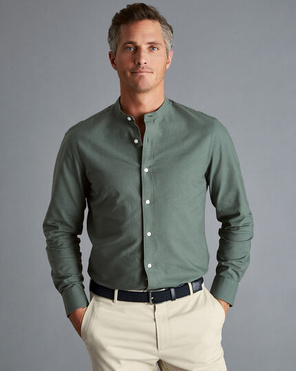 Collarless Cotton Linen Shirt - Olive Green | Charles Tyrwhitt