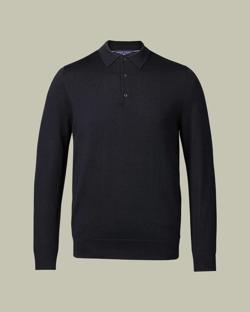 Polo &agrave; col boutonn&eacute; en pure laine m&eacute;rinos - Noir