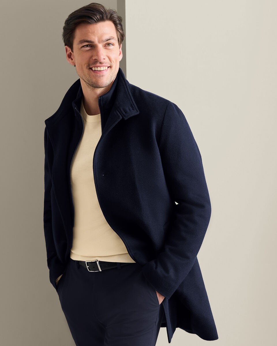 Fine Merino Wool Funnel Neck Overcoat - Navy