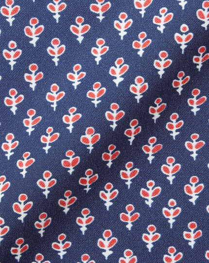 Bügelfreies Stretch-Kurzarmhemd aus Popeline mit Button-down-Kragen und Blattmuster - Königsblau