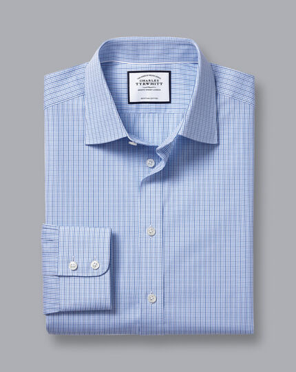 Semi-Cutaway Collar Egyptian Cotton Poplin Gingham Shirt - Sky & Blue