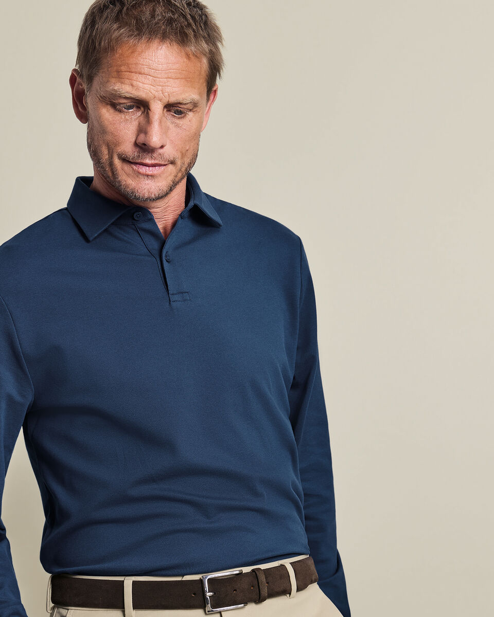 Long Sleeve Smart Pique Polo - Petrol Blue