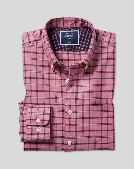 Button-Down Collar Non-Iron Twill Overcheck Shirt - Coral & Navy