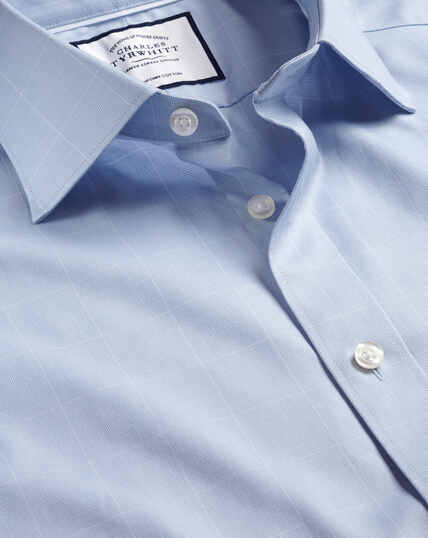 Semi-Spread Collar Egyptian Cotton Twill Prince of Wales Check Shirt - Sky Blue