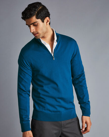 Merino Zip Neck Sweater - Petrol Blue