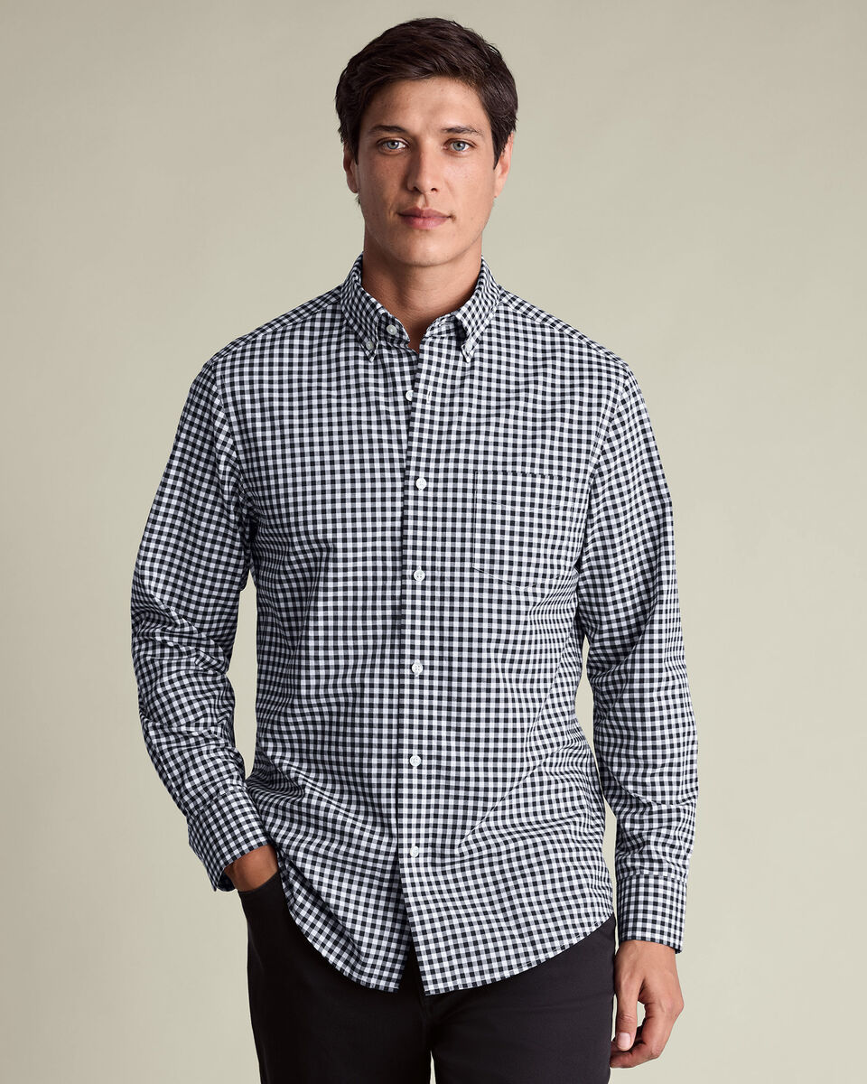 Popeline-Hemd mit Stretch, Button-down-Kragen und Gingham-Karos&nbsp;- Tiefblau