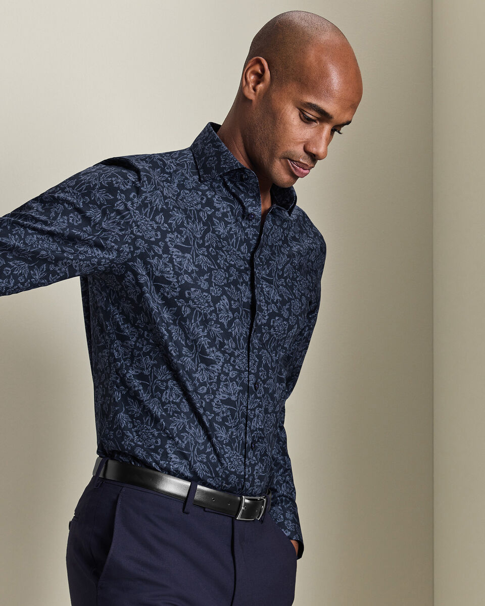 Non-Iron Stretch Floral Print Shirt - Navy Blue