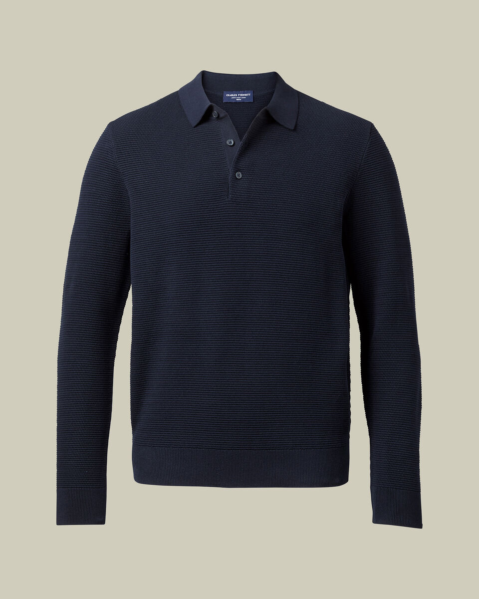 Katoen Polo Met Lange Mouwen En Gewoven - Marineblauw