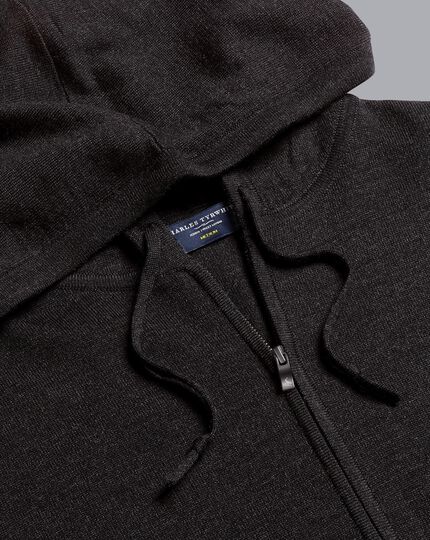 Merino Hooded Zip Through Sweater - Dark Charcoal