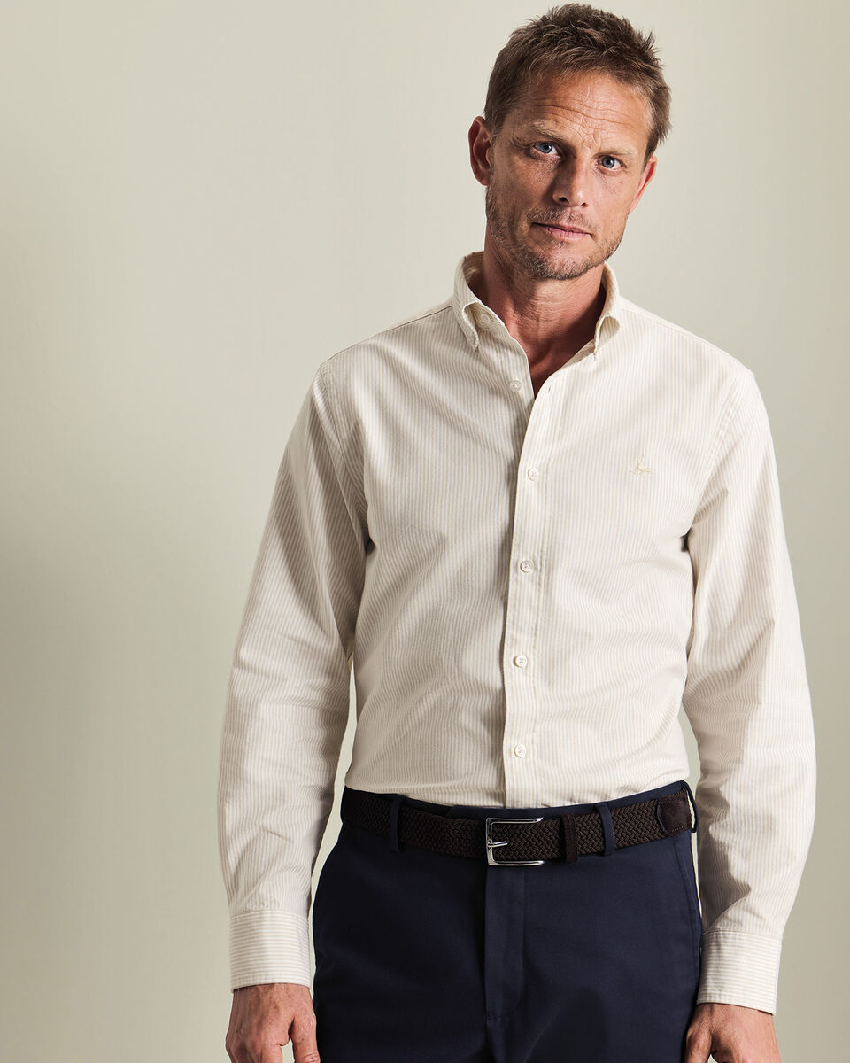 Button-Down Stretch Washed Oxford Stripe Shirt - Stone