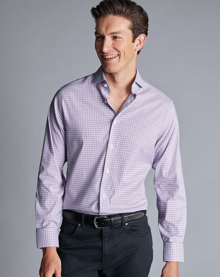 Non-Iron  Stretch Twill Grid Check Shirt - Mauve Purple