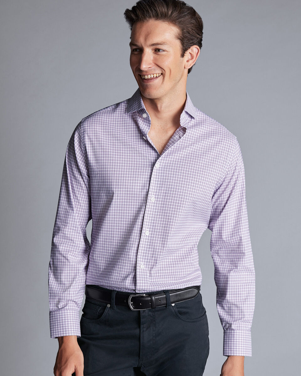 Non-Iron Stretch Twill Grid Check Shirt - Mauve Purple | Charles Tyrwhitt