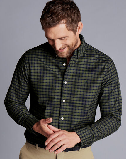 Button-Down Collar Washed Oxford Check Shirt - Olive Green