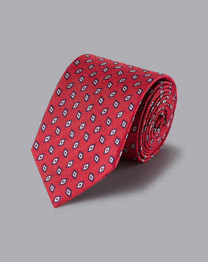 Diamond Geometric Print Tie - Red & Navy