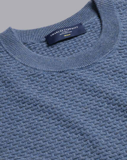 Cotton Merino Textured Crew Neck Sweater - Ocean Blue