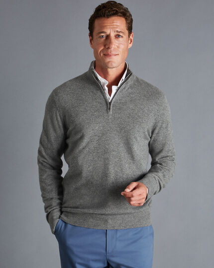 Cashmere Zip Neck Sweater - Grey | Charles Tyrwhitt