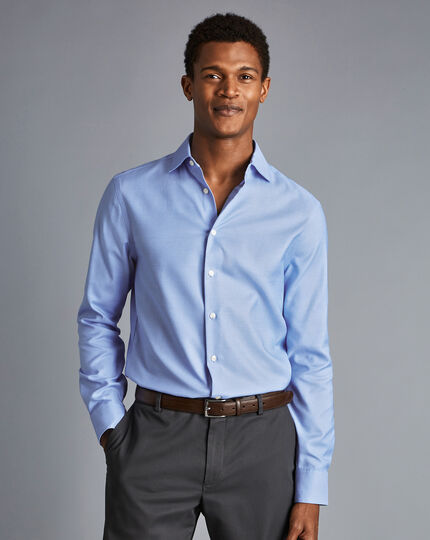 Semi-Cutaway Collar Non-Iron Stretch Texture Shirt - Blue | Charles ...